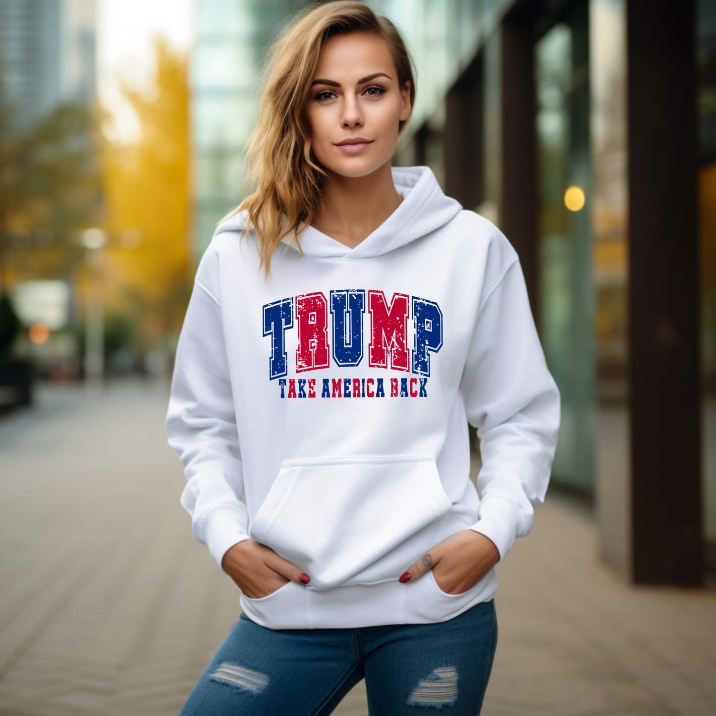 Woman wearing white Trump “Take America Back” hoodie with 45/47 back design