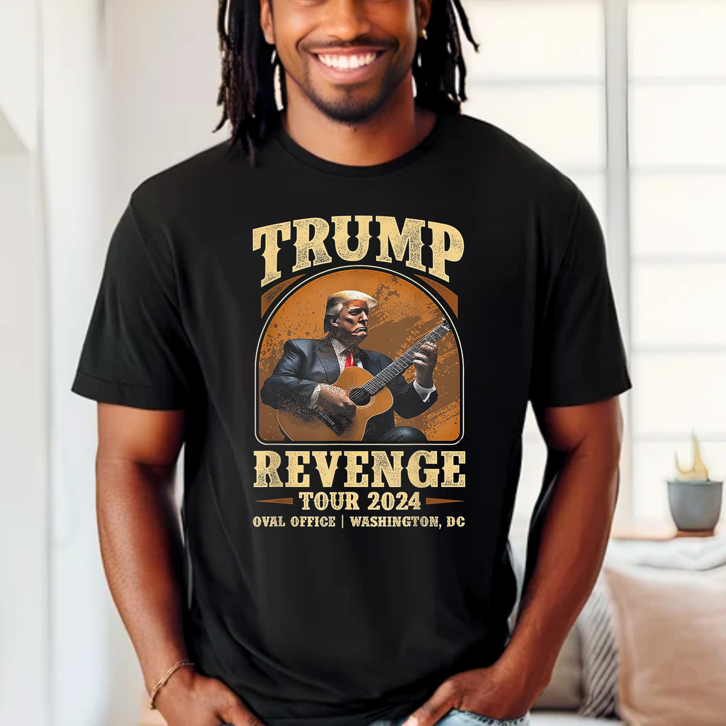 Man wearing Trump 2024 Revenge Tour shirt in a casual indoor setting