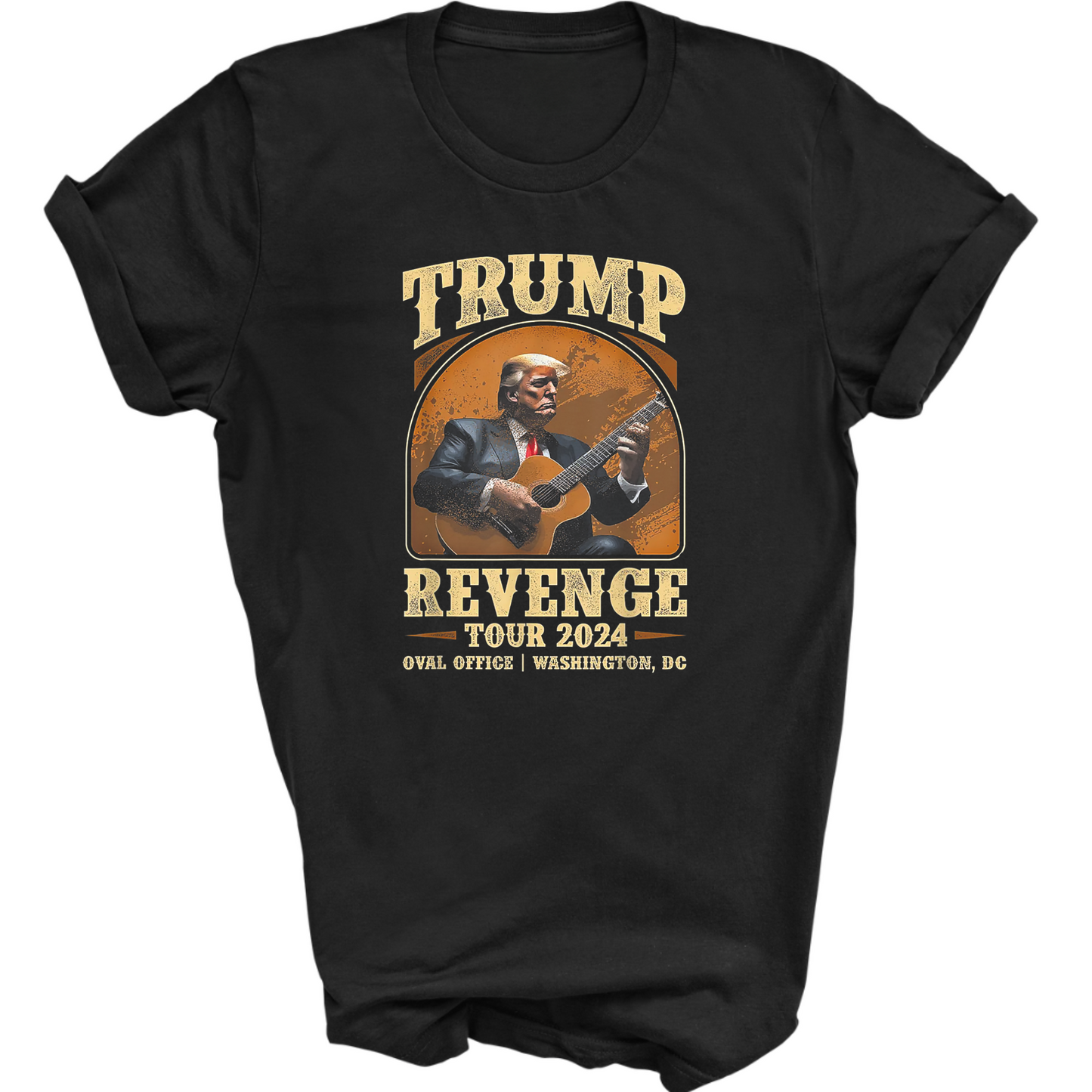 Black T-shirt with Trump playing guitar and "Revenge Tour 2024" vintage-style graphic