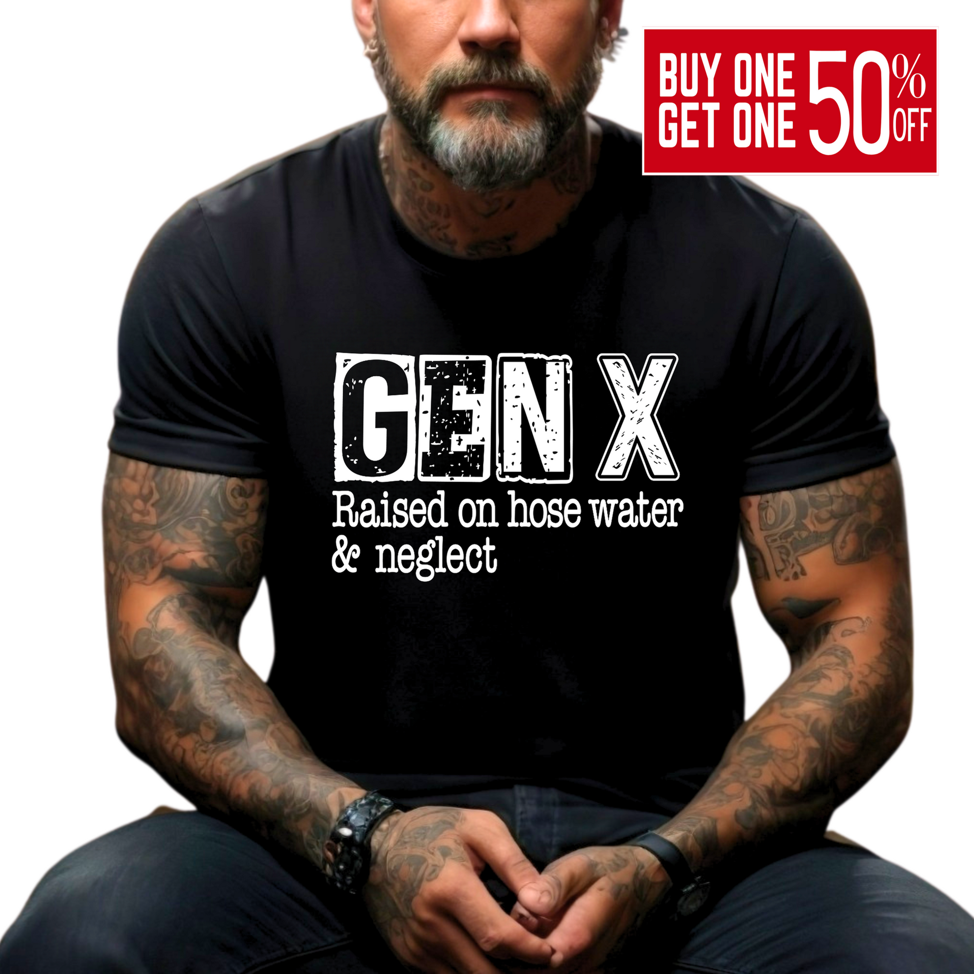 A person wearing a black Gen X t-shirt with the text 'GENX Raised on hose water & neglect' on the front.