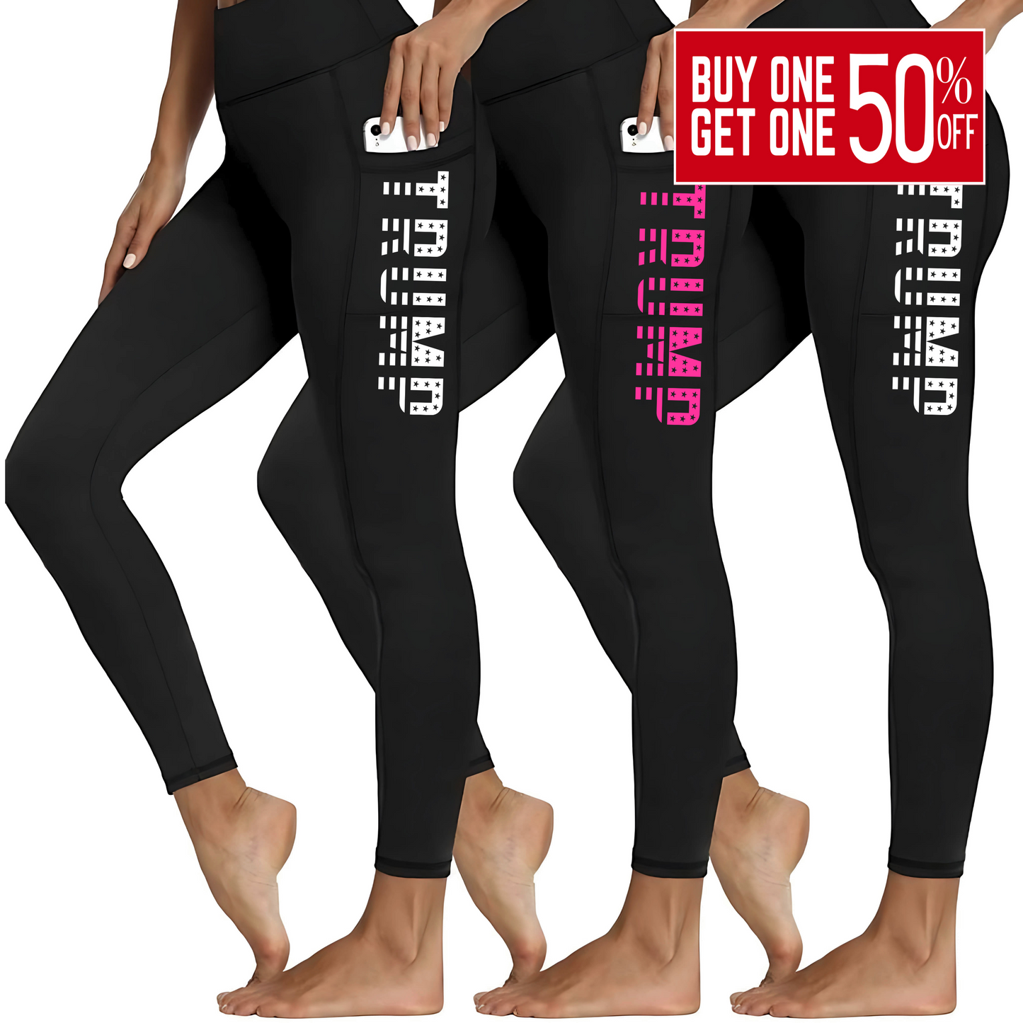 Side view of TRUMP leggings with smartphone in side pocket