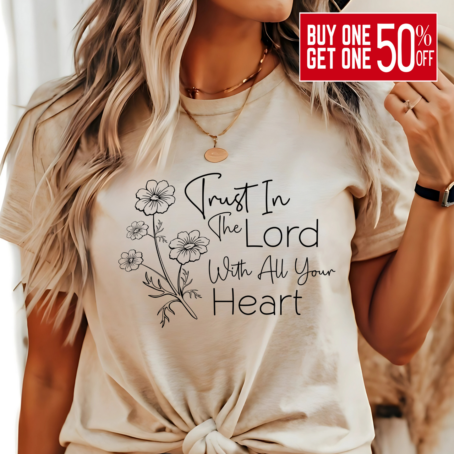 Trust in the Lord Christian T-Shirt – Faith-based graphic tee for women featuring a floral design and inspirational Bible verse. Soft cotton, stylish, and perfect for everyday wear.