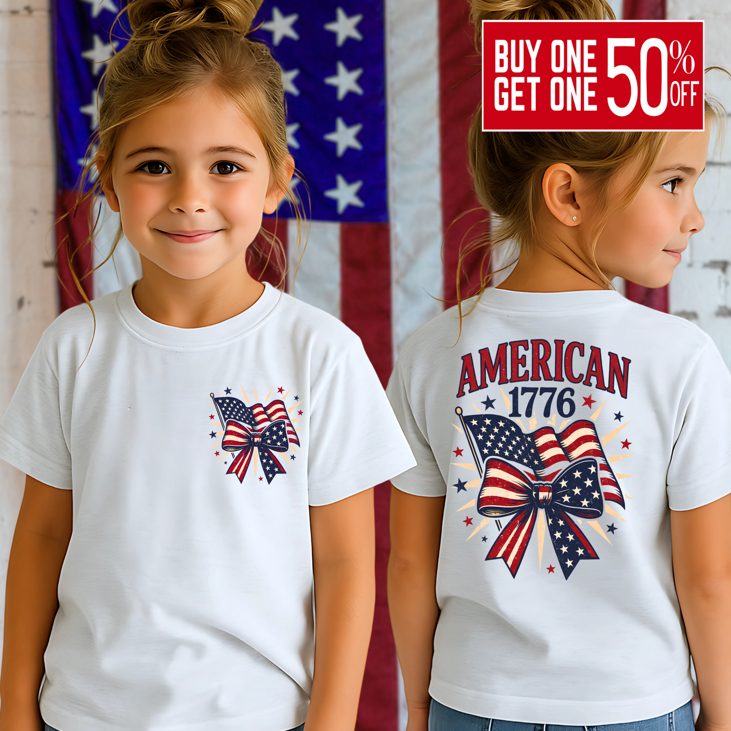 Teen girl in white USA flag tee, smiling with stars and stripes background.