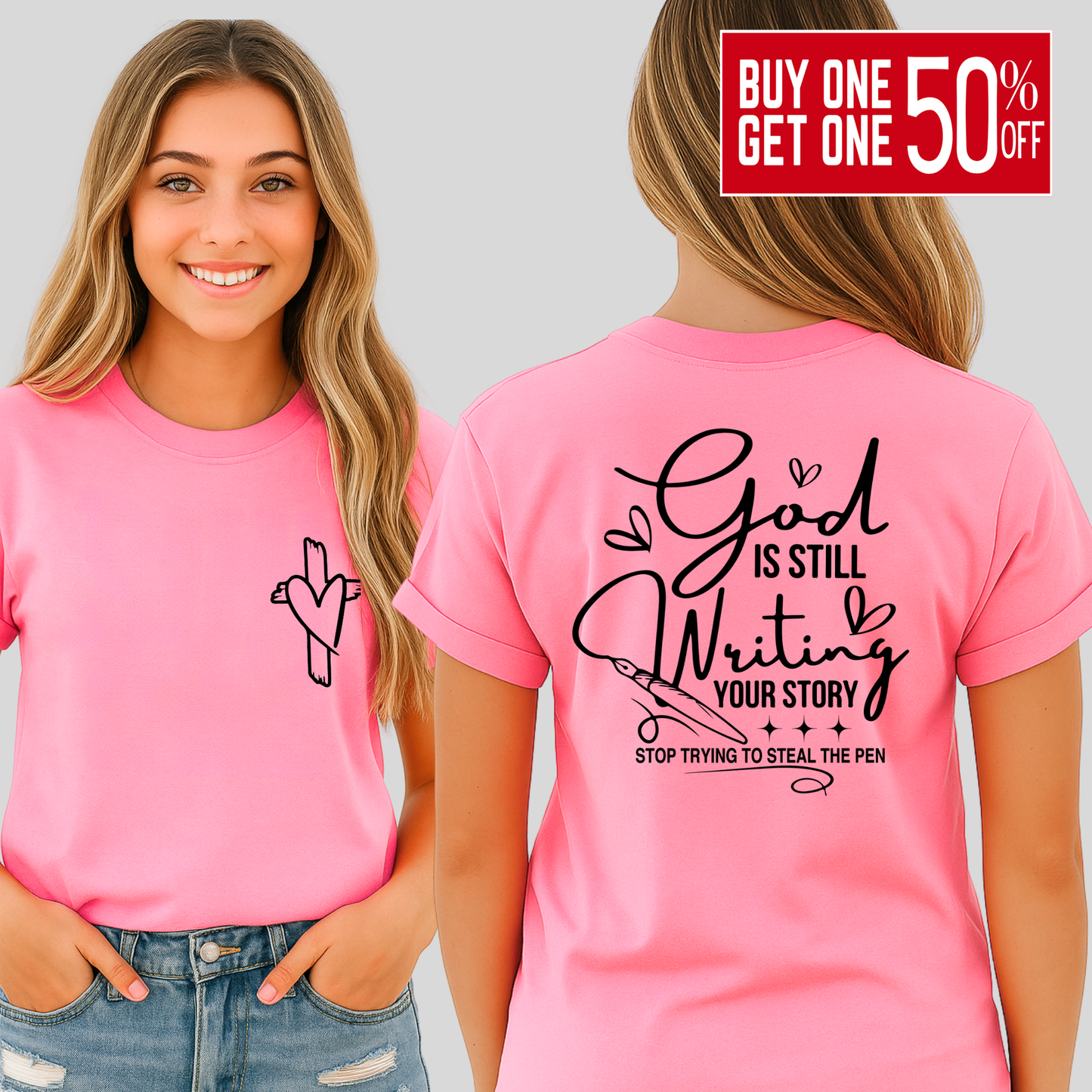Teen wearing a Bright pink youth Christian T-shirt for girls