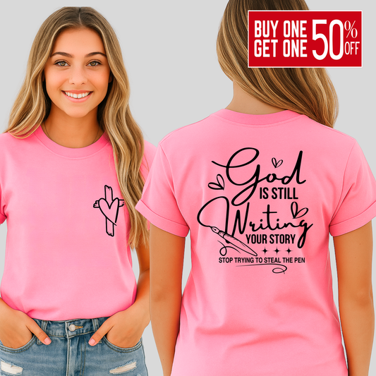 Teen wearing a Bright pink youth Christian T-shirt for girls