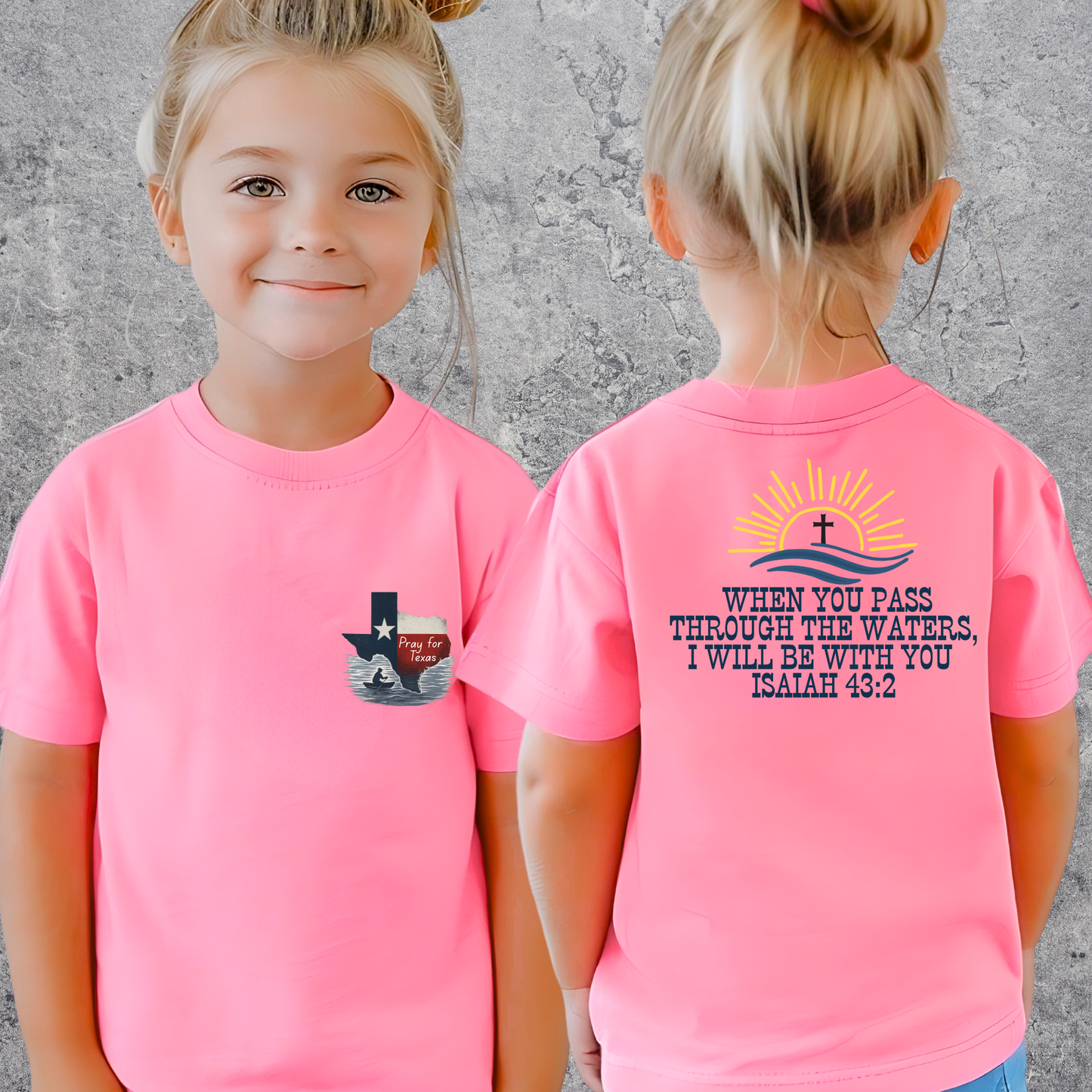 Teen girl modeling bright pink youth Christian t-shirt with Texas state and flood scene graphic reading “Pray for Texas” on front, and Isaiah 43:2 Bible verse with sun and cross design on back, inspirational scripture shirt for girls