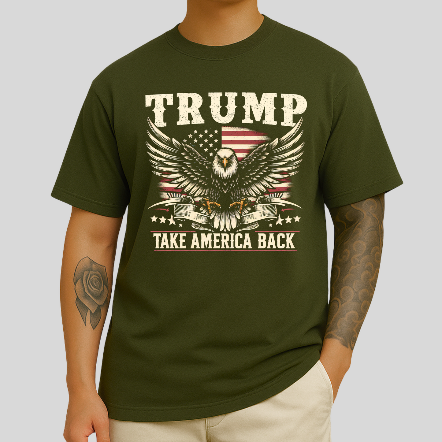Man wearing military green Trump Take America Back t-shirt with patriotic eagle and distressed lettering