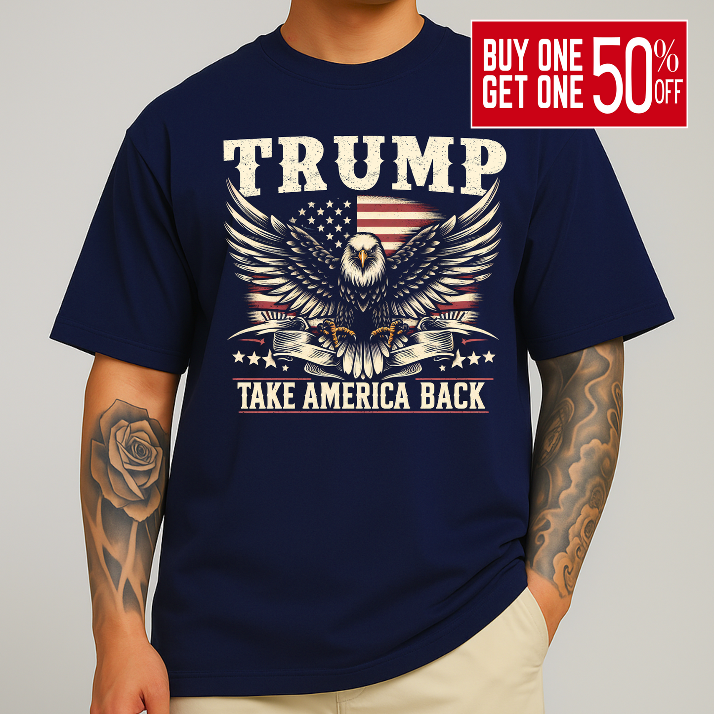 Man in navy blue Trump Take America Back shirt featuring bald eagle and American flag print