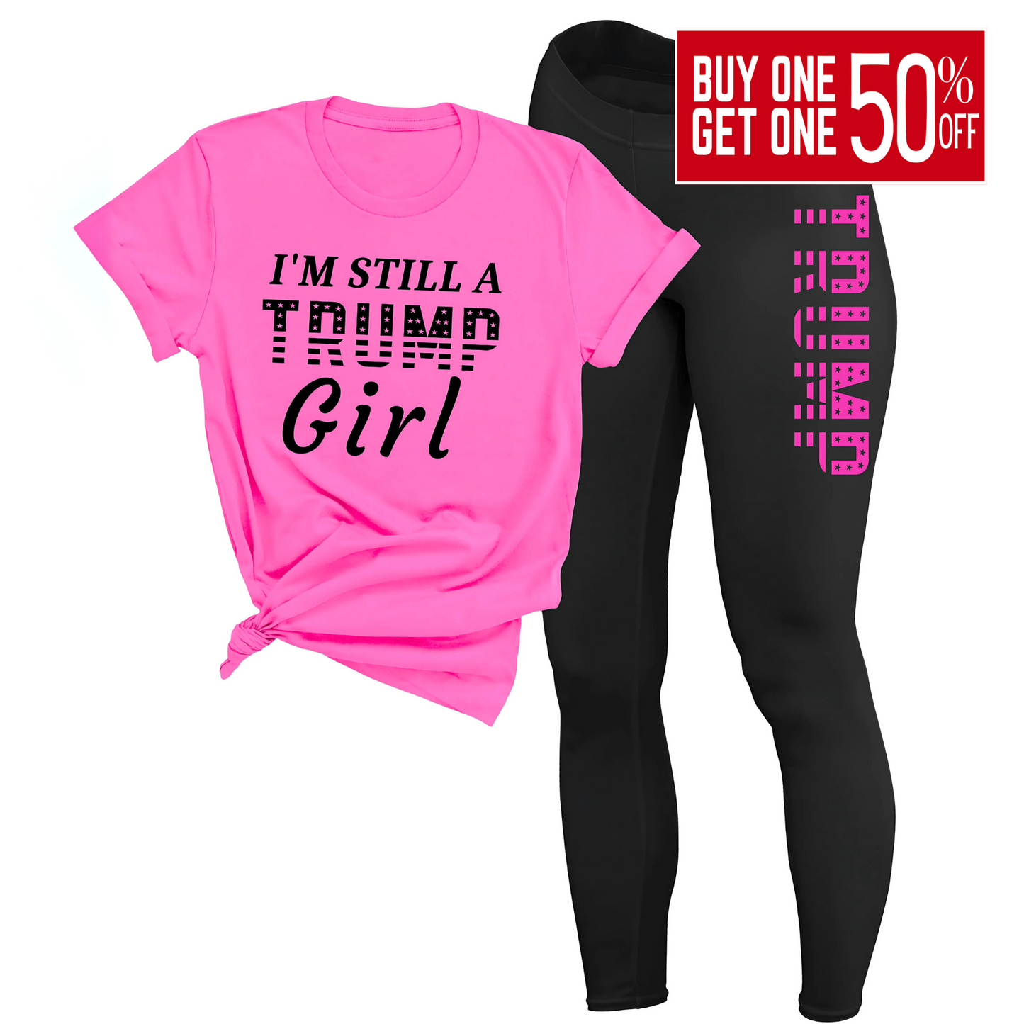 Pink Trump Girl shirt and black TRUMP leggings styled as a matching patriotic outfit set