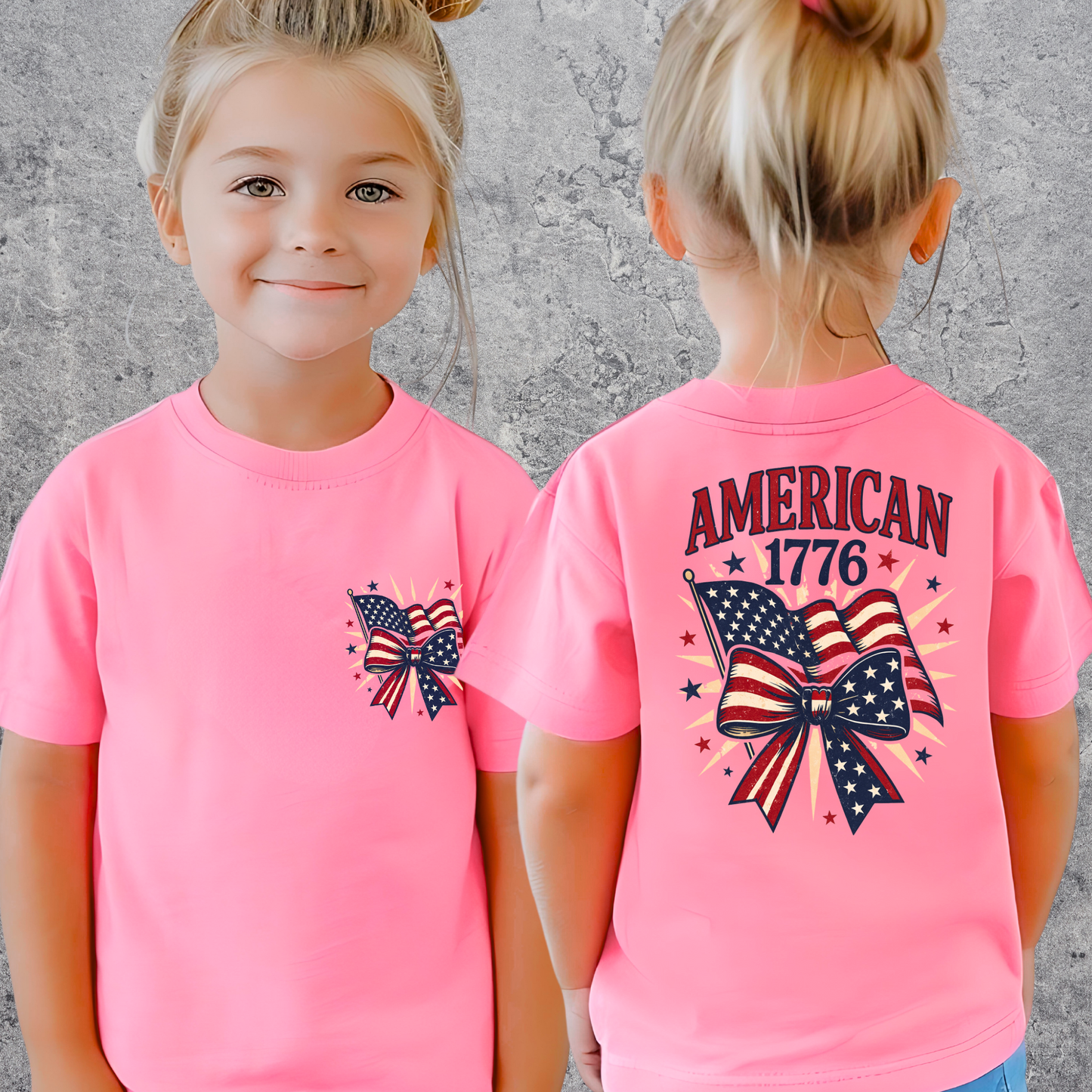 Tween in bright pink 1776 shirt with patriotic bow print on back.