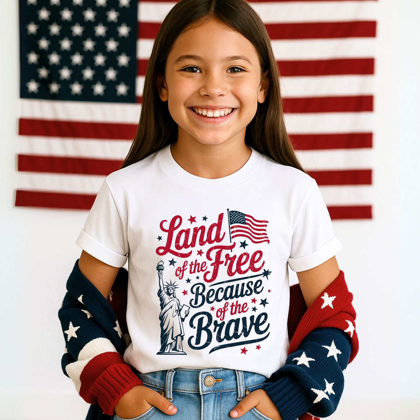 Tween wearing white “Land of the Free” shirt, styled with red and blue bows