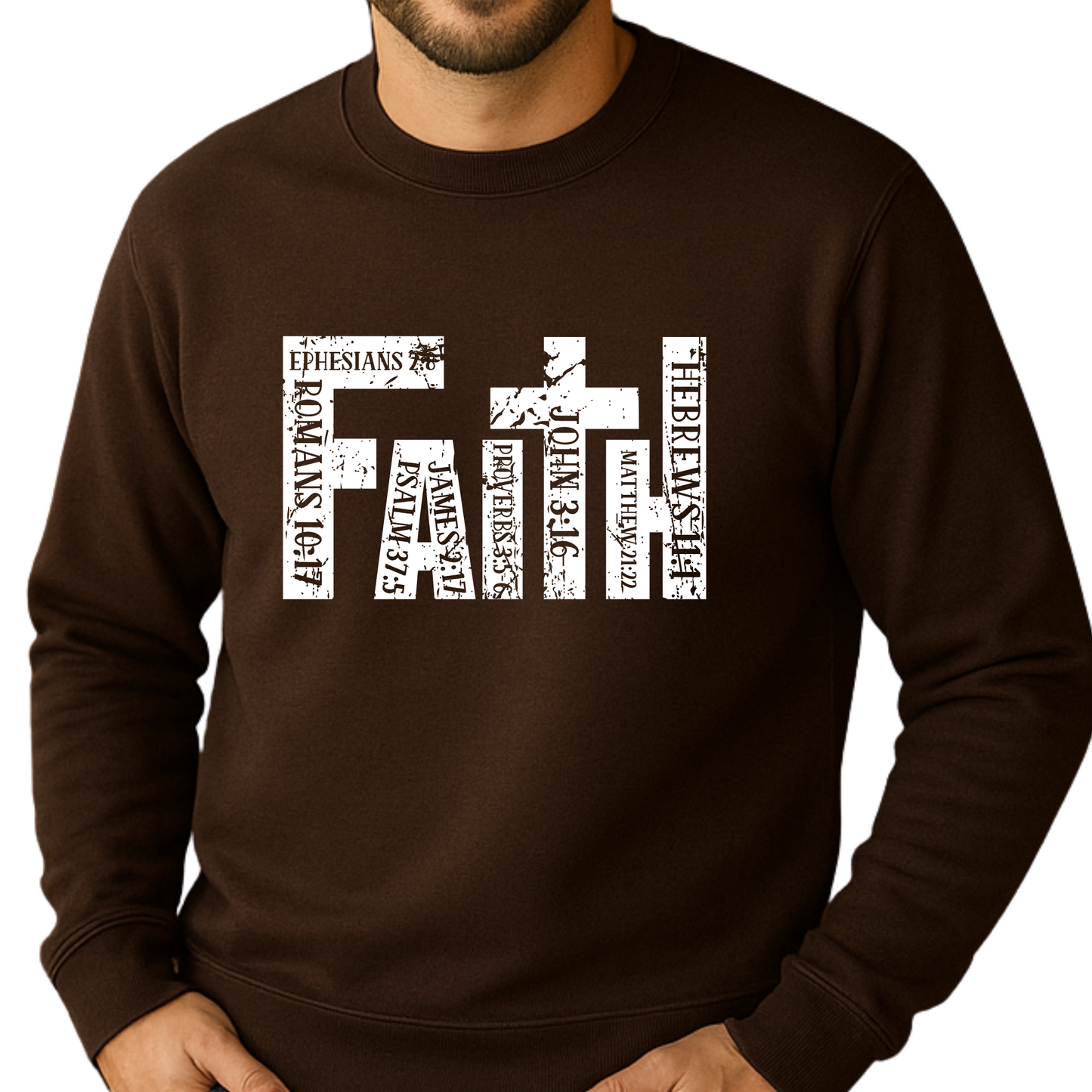 Man wearing brown Christian Apparel with Bible Verse Design | Religious Sweatshirt for Men