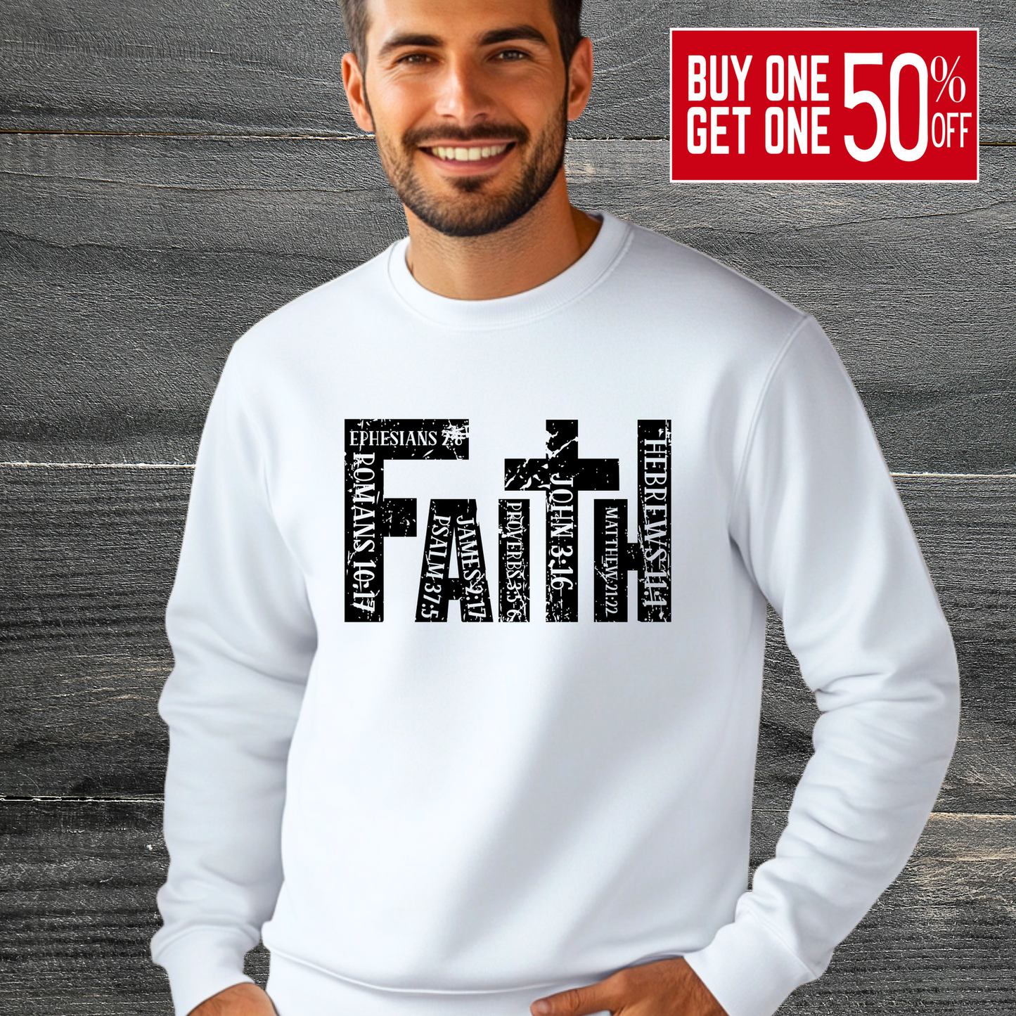 Man wearing White Christian Apparel with Bible Verse Design | Religious Sweatshirt for Men