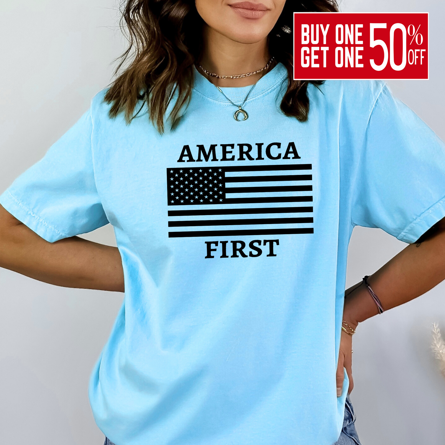 America First Flag Shirt – Patriotic Unisex Tee for Women