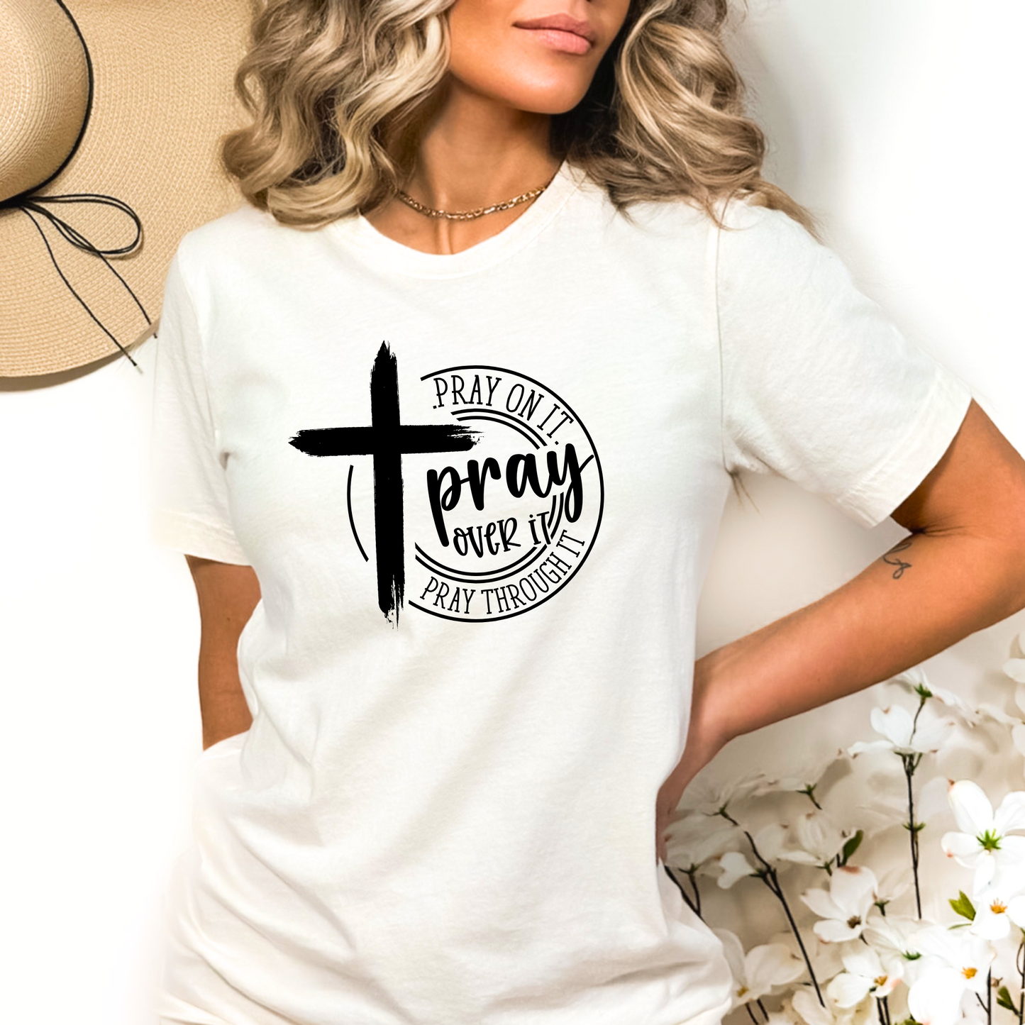 White Faith-based inspirational t-shirt with a cross and prayer message, perfect for Christian apparel