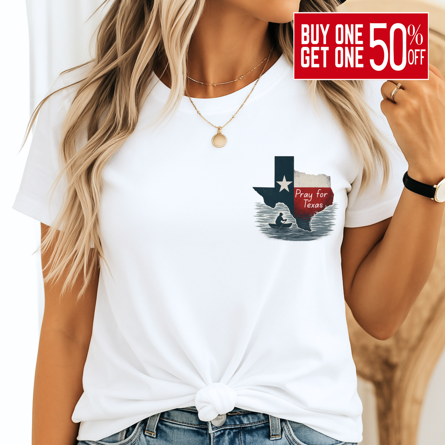 White “Pray for Texas” Christian t-shirt for women, with Texas flood relief graphic and knotted front, styled with denim shorts.