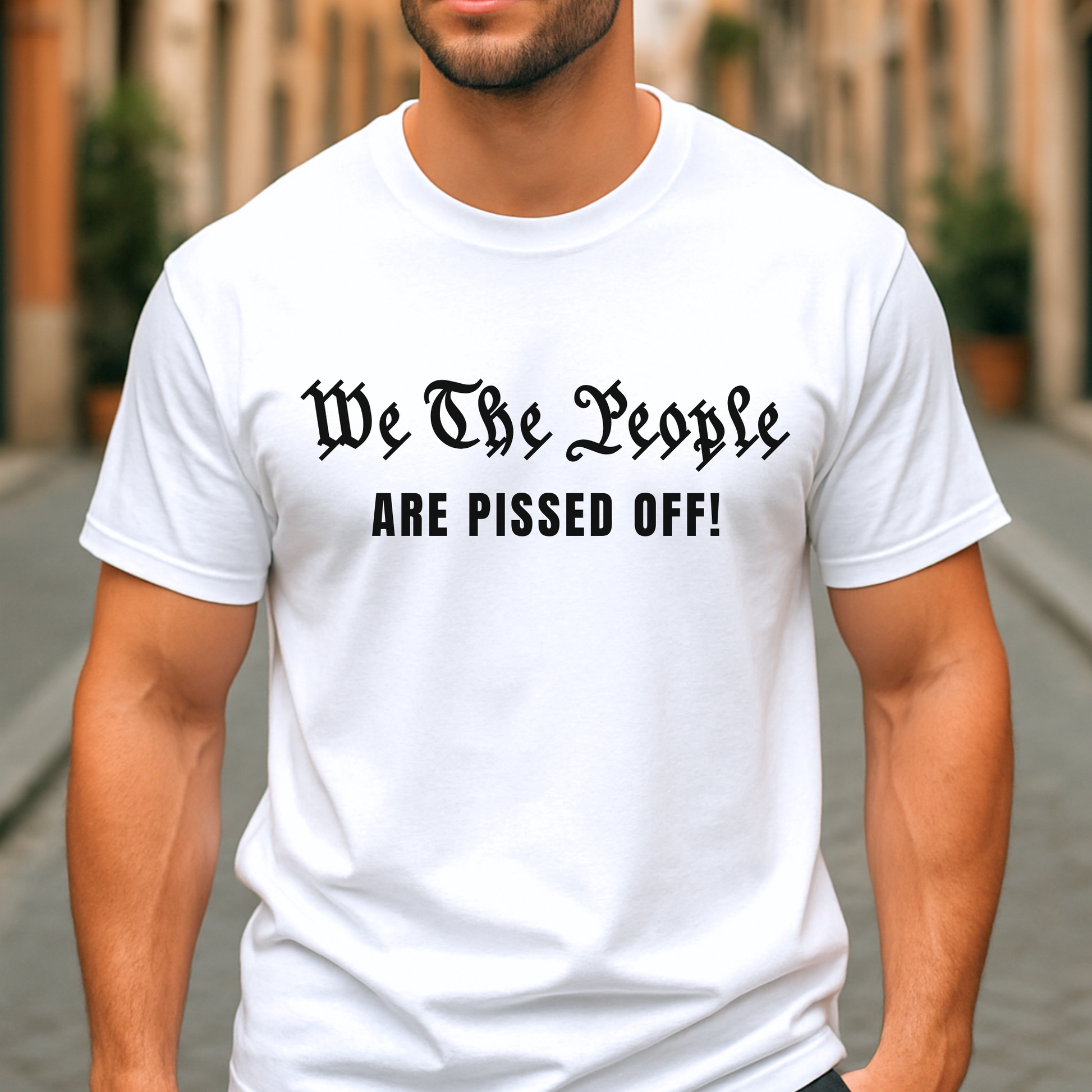 White shirt – "White men’s USA shirt with bold political message"