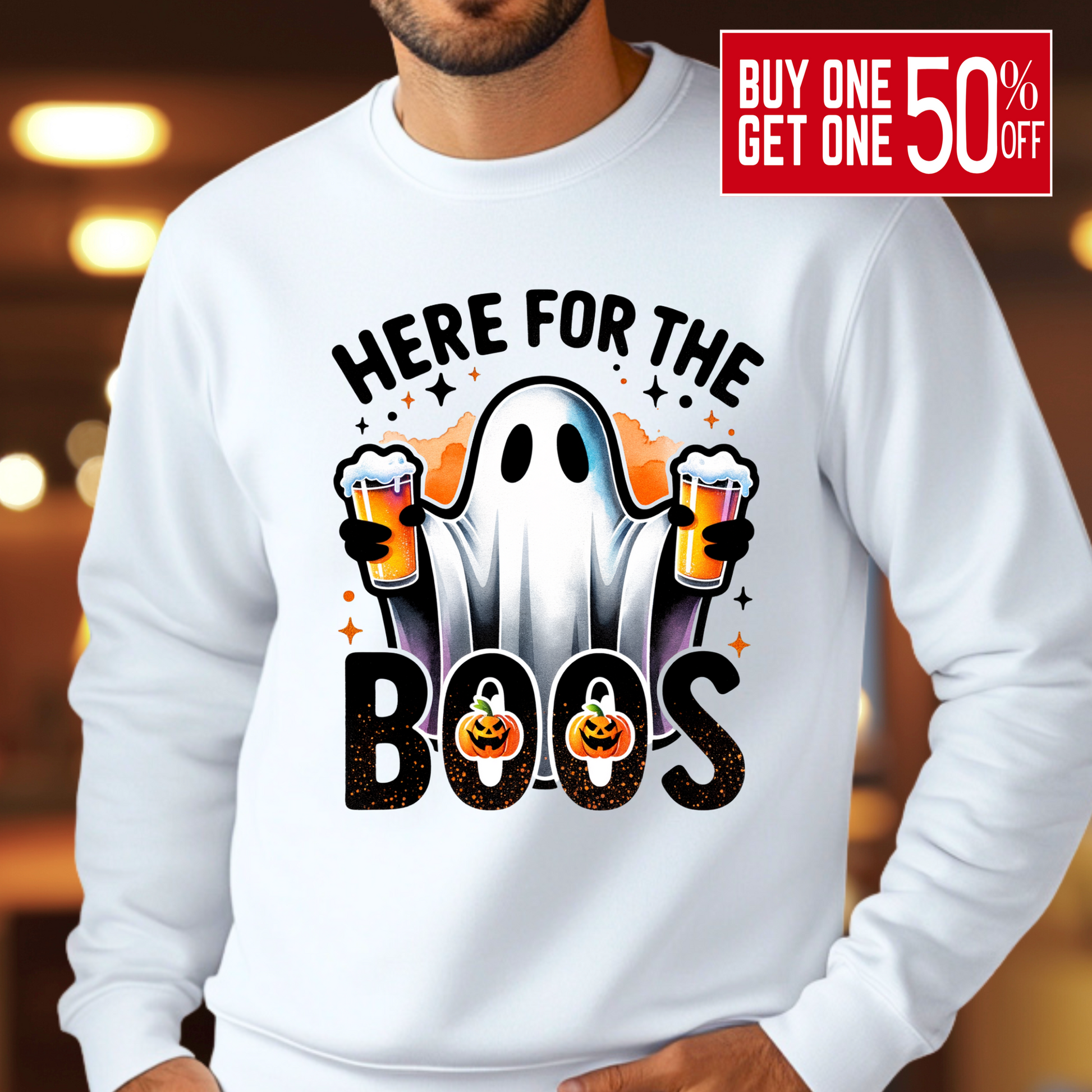 White sweatshirt with ghost holding beer and “Here For The Boos” text