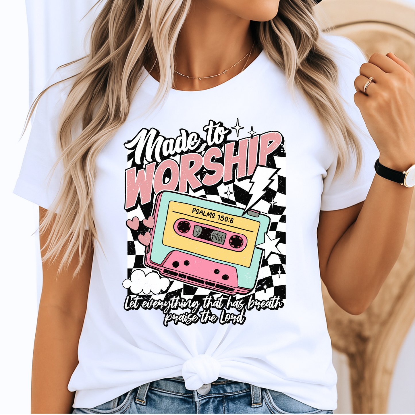 White tee with colorful retro cassette and Christian message