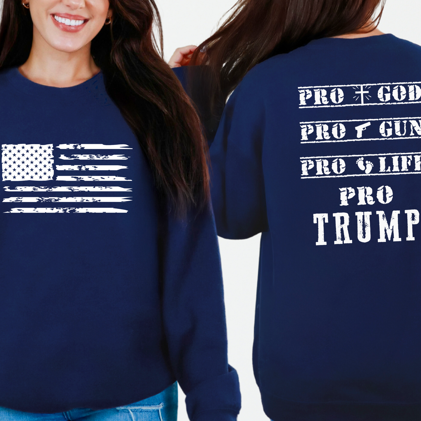 Woman wearing Navy sweatshirt with distressed USA flag and bold statement back print design.