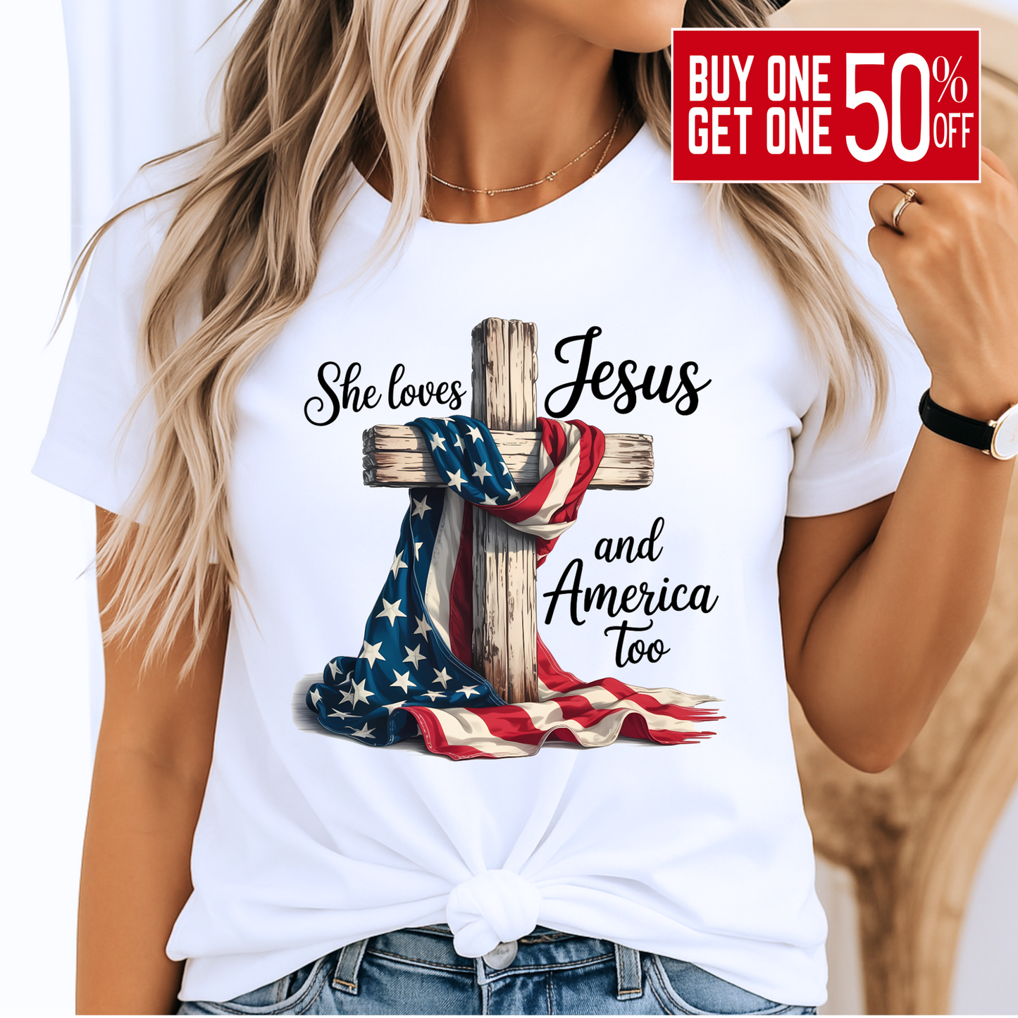 Woman wearing “She Loves Jesus and America Too” shirt in white – close-up