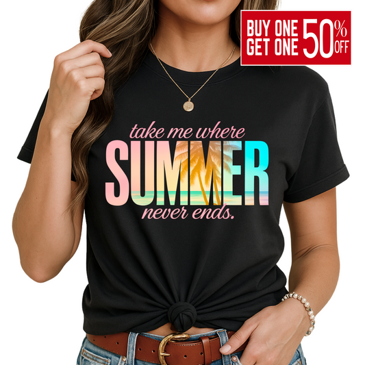 Woman wearing “Take Me Where Summer Never Ends” tee in black with kntted hem for styling