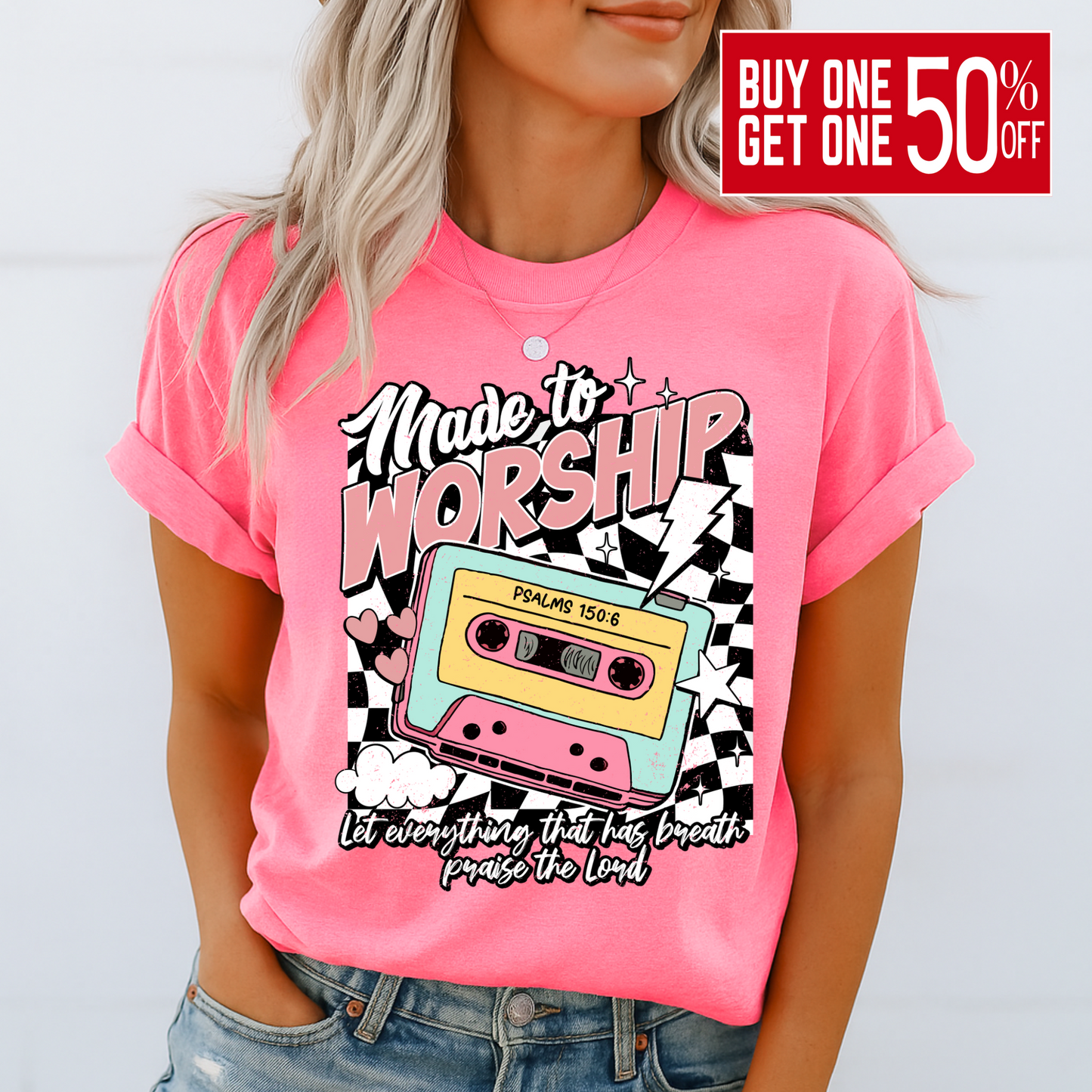 Woman wearing bold pink Psalms 150:6 cassette shirt