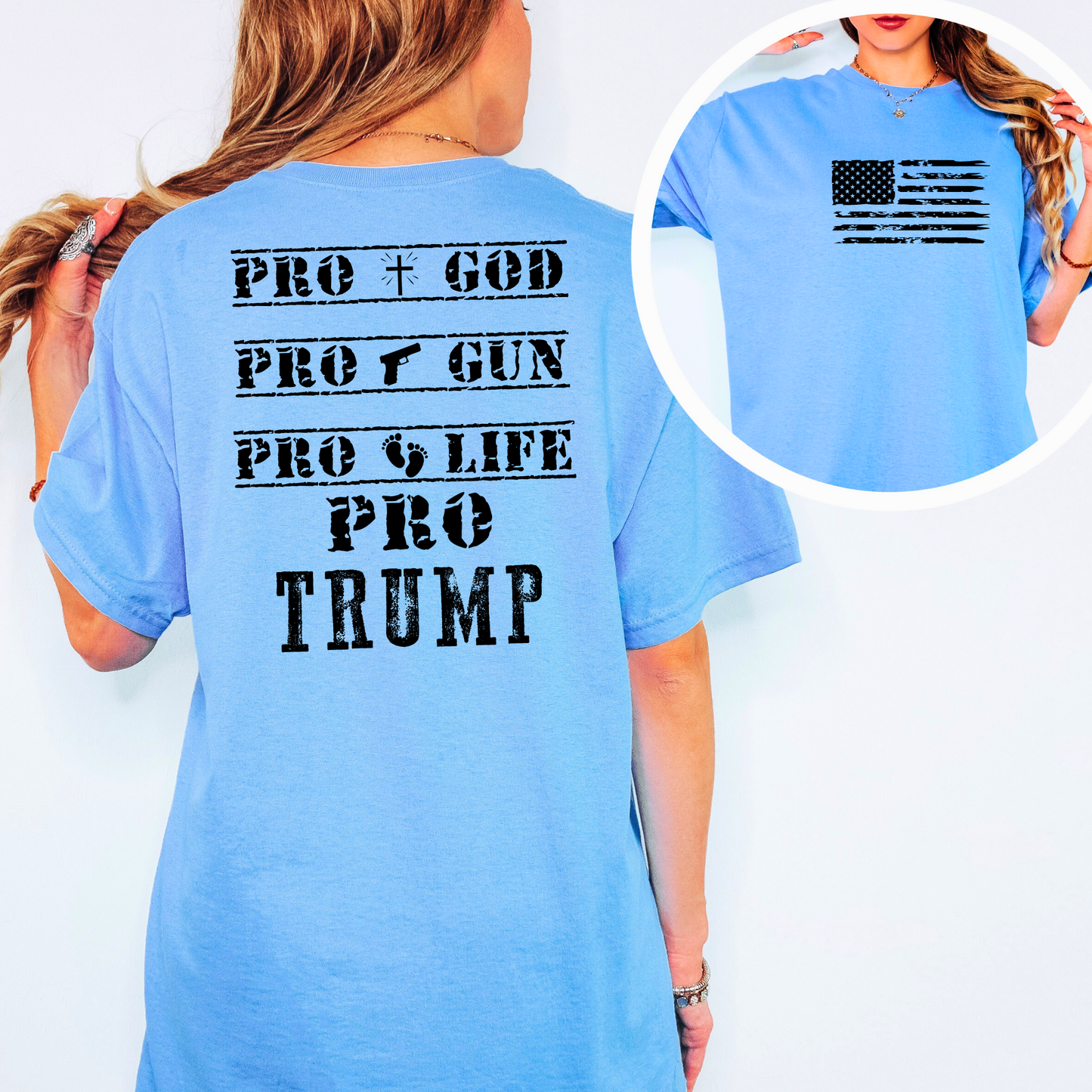 Woman wearing sky blue Pro Trump tee with distressed flag