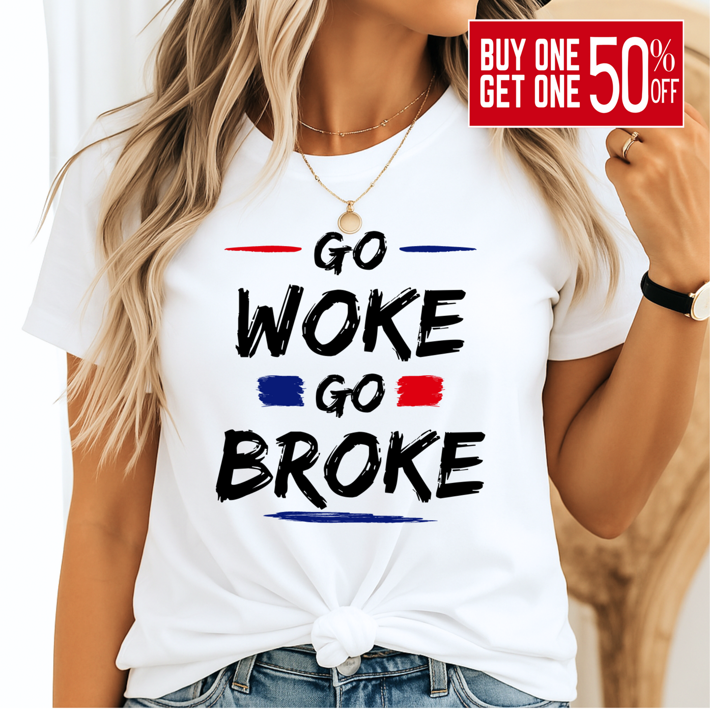 Woman wearing white conservative message shirt – “Go Woke Go Broke” in bold font