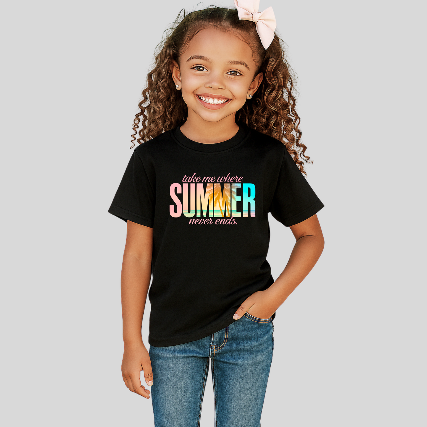 Youth model in black t-shirt with tropical summer design, smiling with hand in pocket