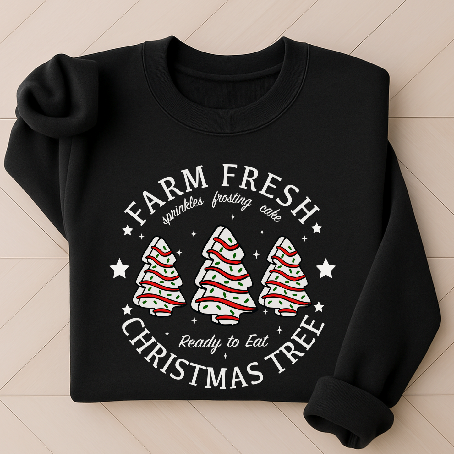 Black folded sweatshirt with festive holiday tree design