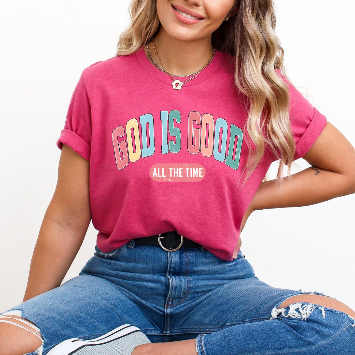 Woman wearing a Dark Pink God Is Good All The Time’ Christian t-shirt, faith-based graphic tee.