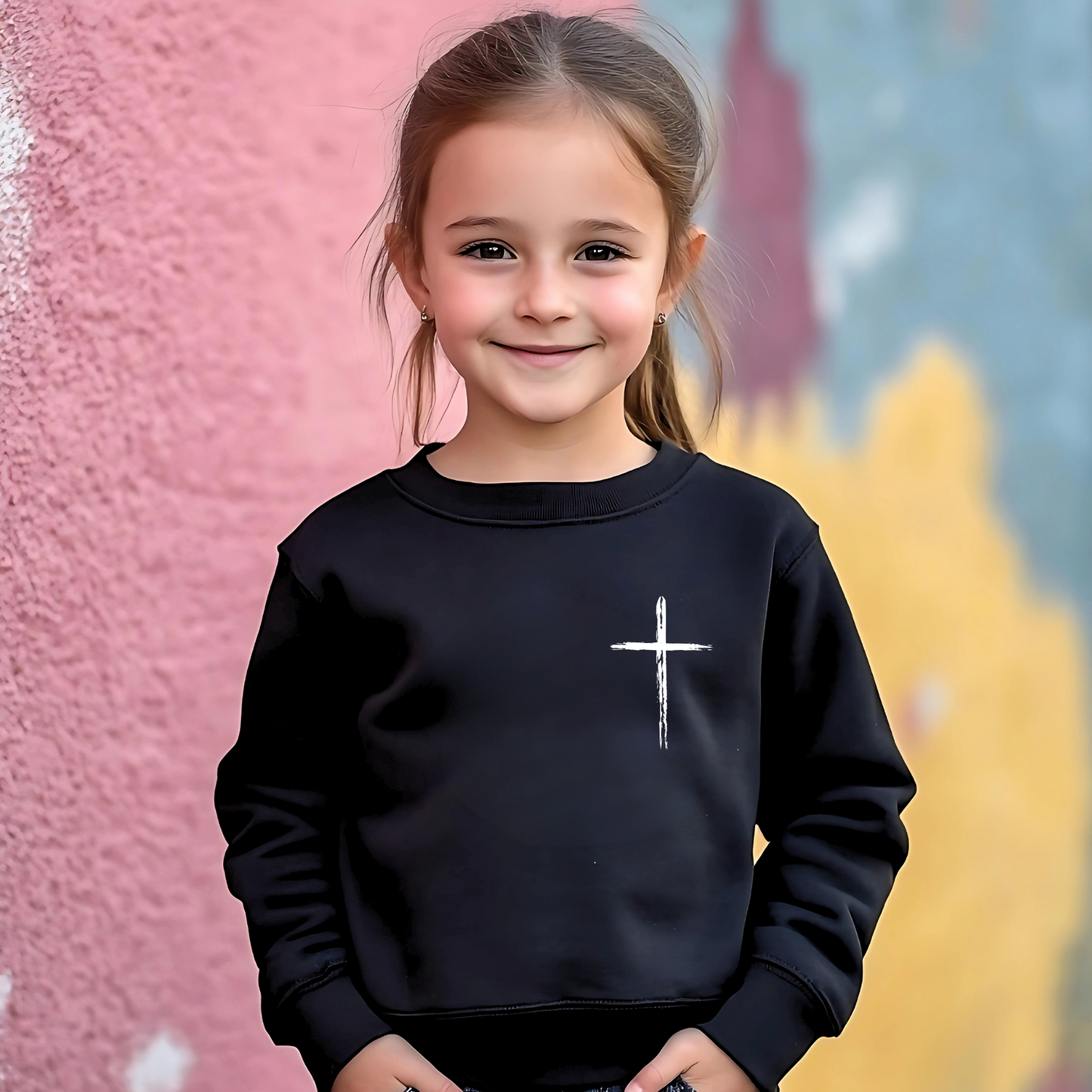 Young girl wearing a black 'Jesus Has My Back' youth sweatshirt with a cross design, faith-based Christian apparel for kids