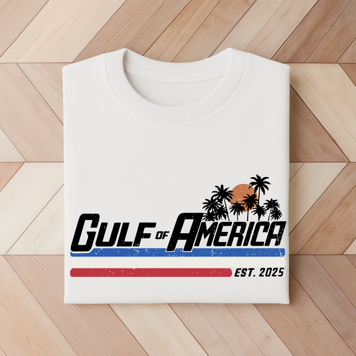 Gulf of America Est. 2025 T-shirt with palm tree sunset logo