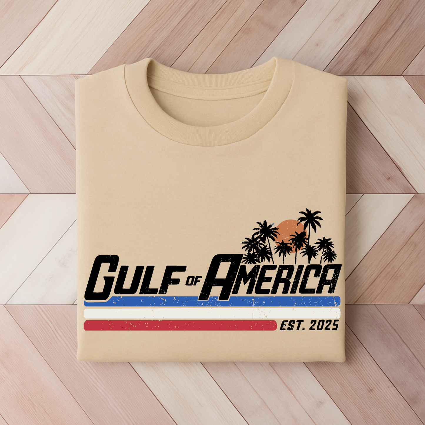 Sand-colored Gulf of America Est. 2025 shirt on woman with tropical palm print
