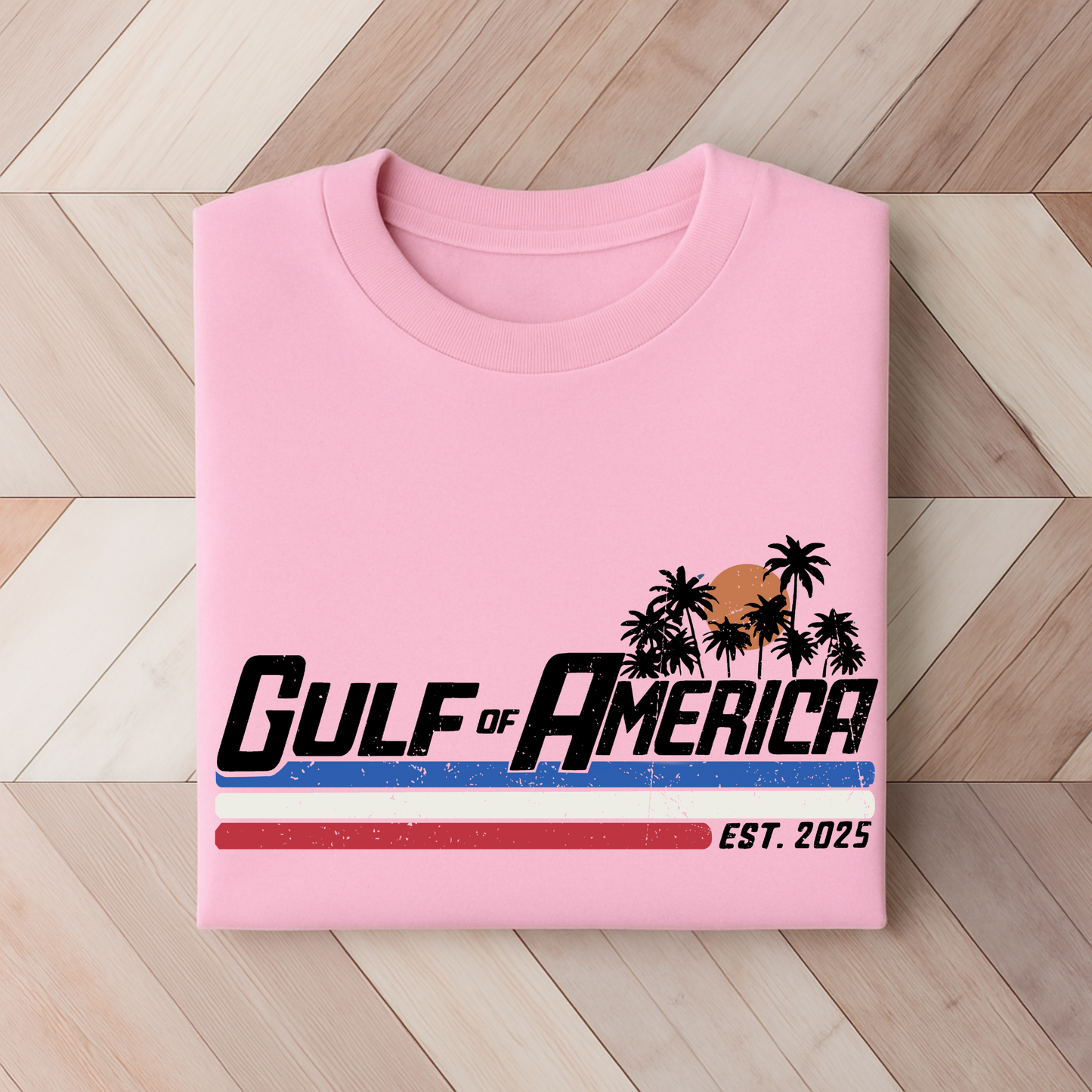 light pink patriotic Gulf of America graphic tee with red and blue stripes