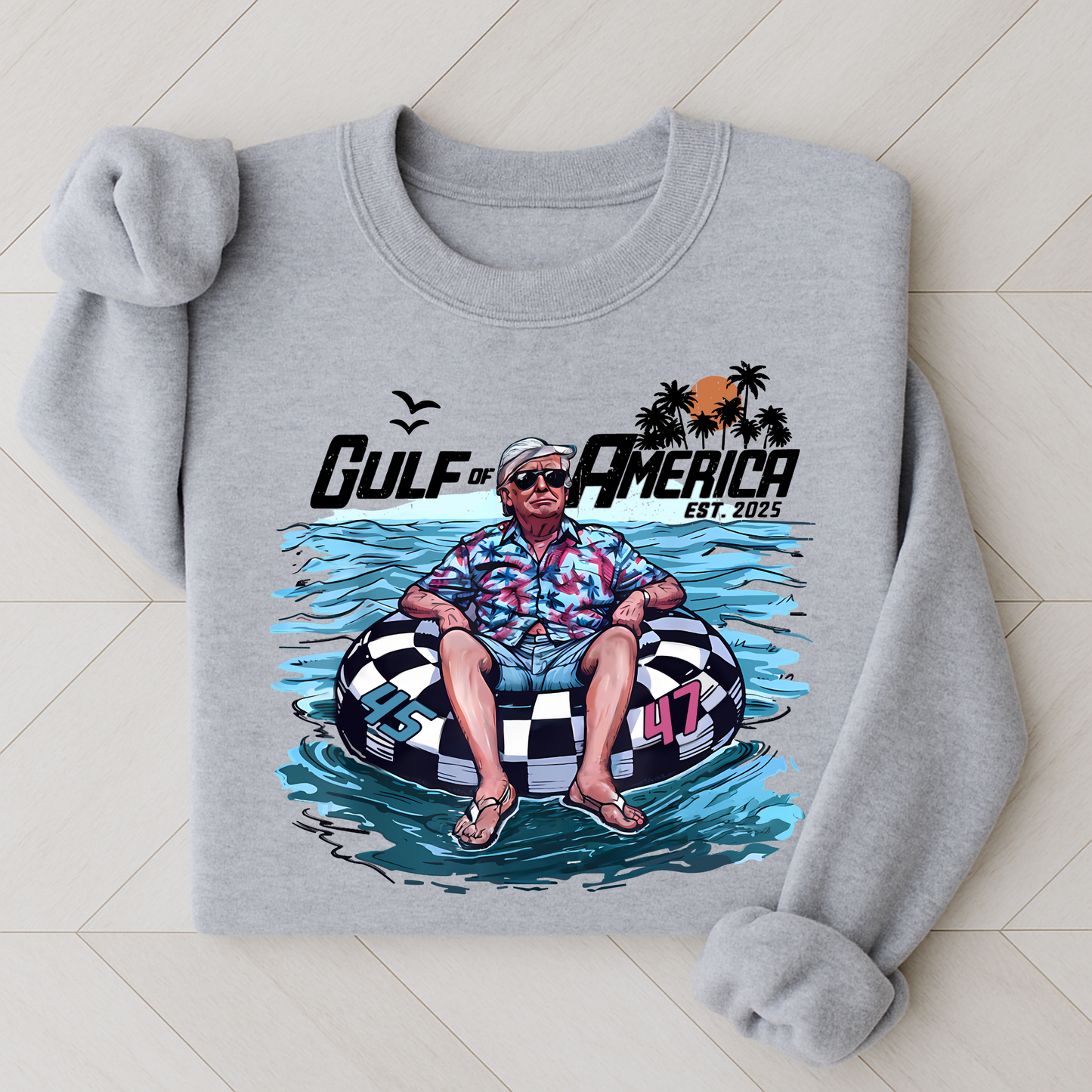 Sport gray Gulf of America sweatshirt – conservative beach-themed Trump graphic