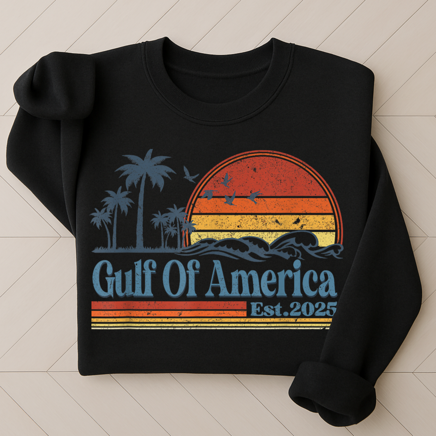 Black crewneck sweatshirt with Gulf of America design, palm trees and waves