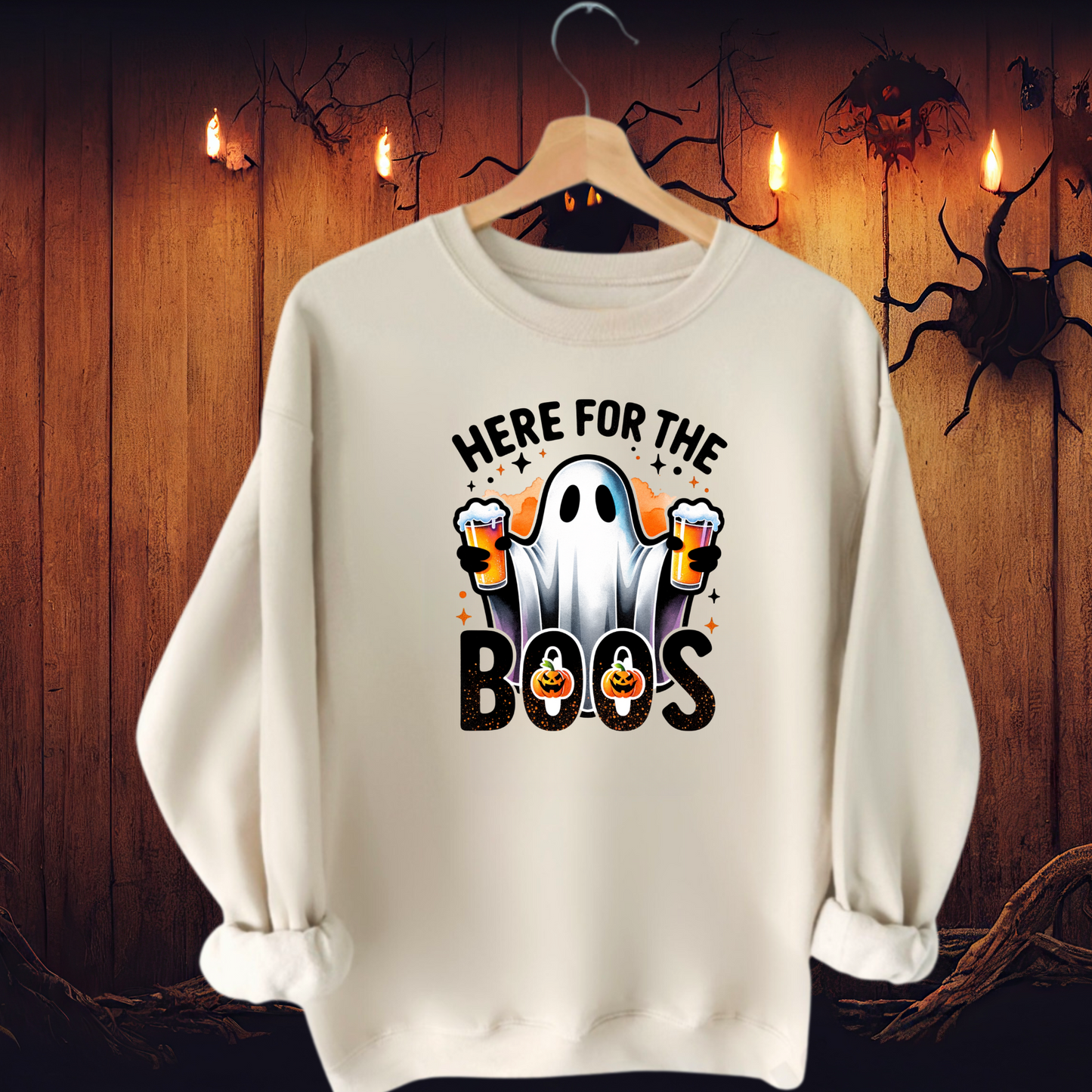 Sand sweatshirt with ghost holding beer and “Here For The Boos” text