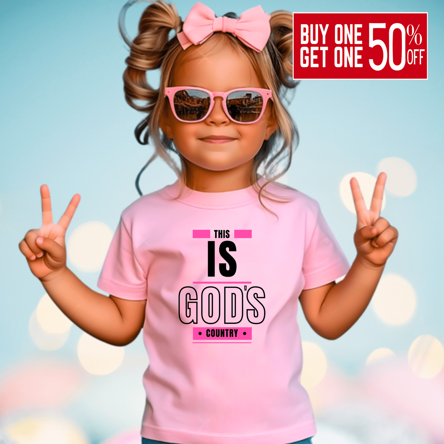 Smiling girl in a light pink 'This Is God's Country' youth t-shirt, a stylish and inspirational Christian kids' shirt.