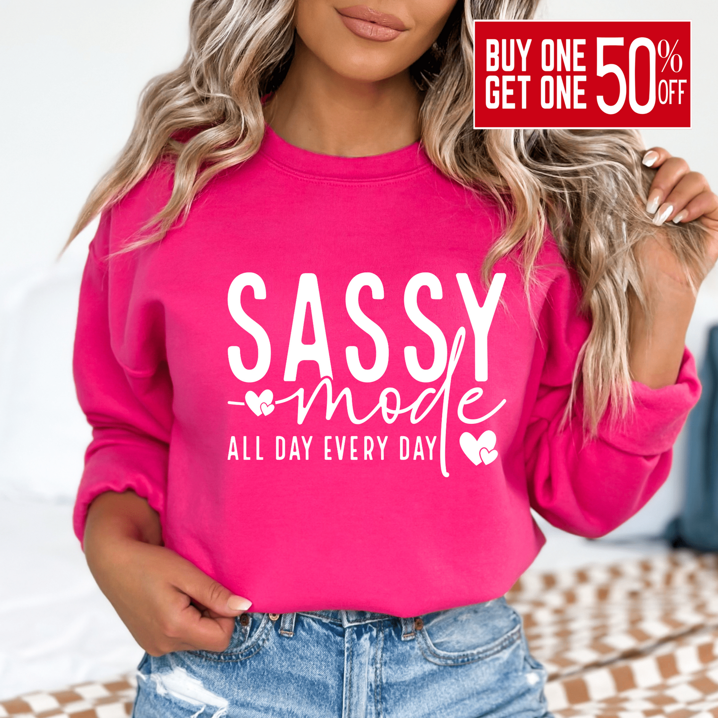 Women's 'Sassy Mode' Graphic Sweatshirt – Cozy and Stylish Pullover - The Right Side PrintsWomen's 'Sassy Mode' Graphic Sweatshirt – Cozy and Stylish Pulloverwomen's long sleeve sweatshirtDark PinkSmall