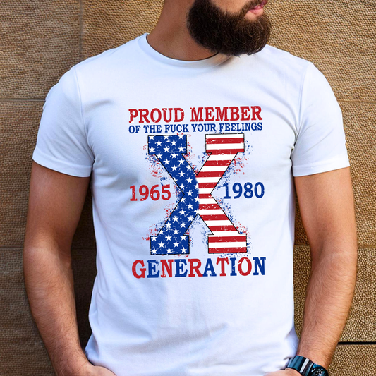 White tee with distressed American flag Gen X print, man with beard


