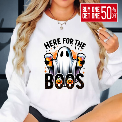 White sweatshirt with ghost holding beer and “Here For The Boos” text

