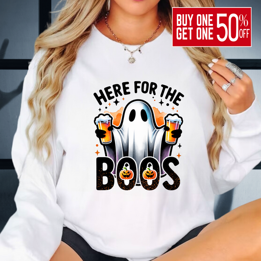 White sweatshirt with ghost holding beer and “Here For The Boos” text


