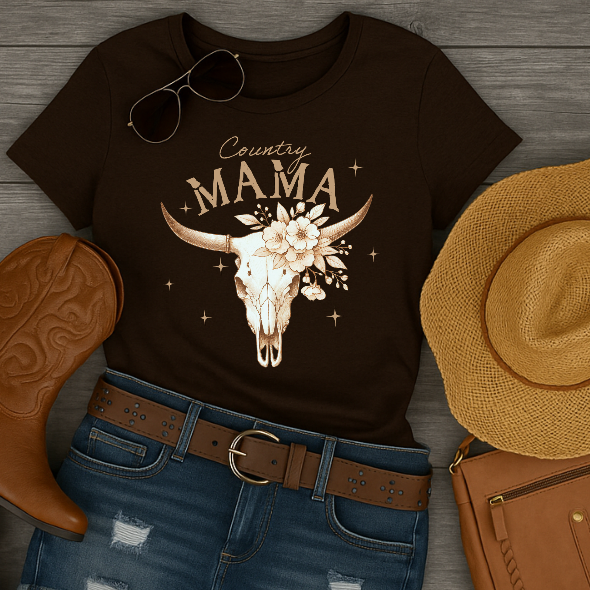 Flat lay of brown "Country Mama" shirt with cowboy boots, hat, and denim shorts

