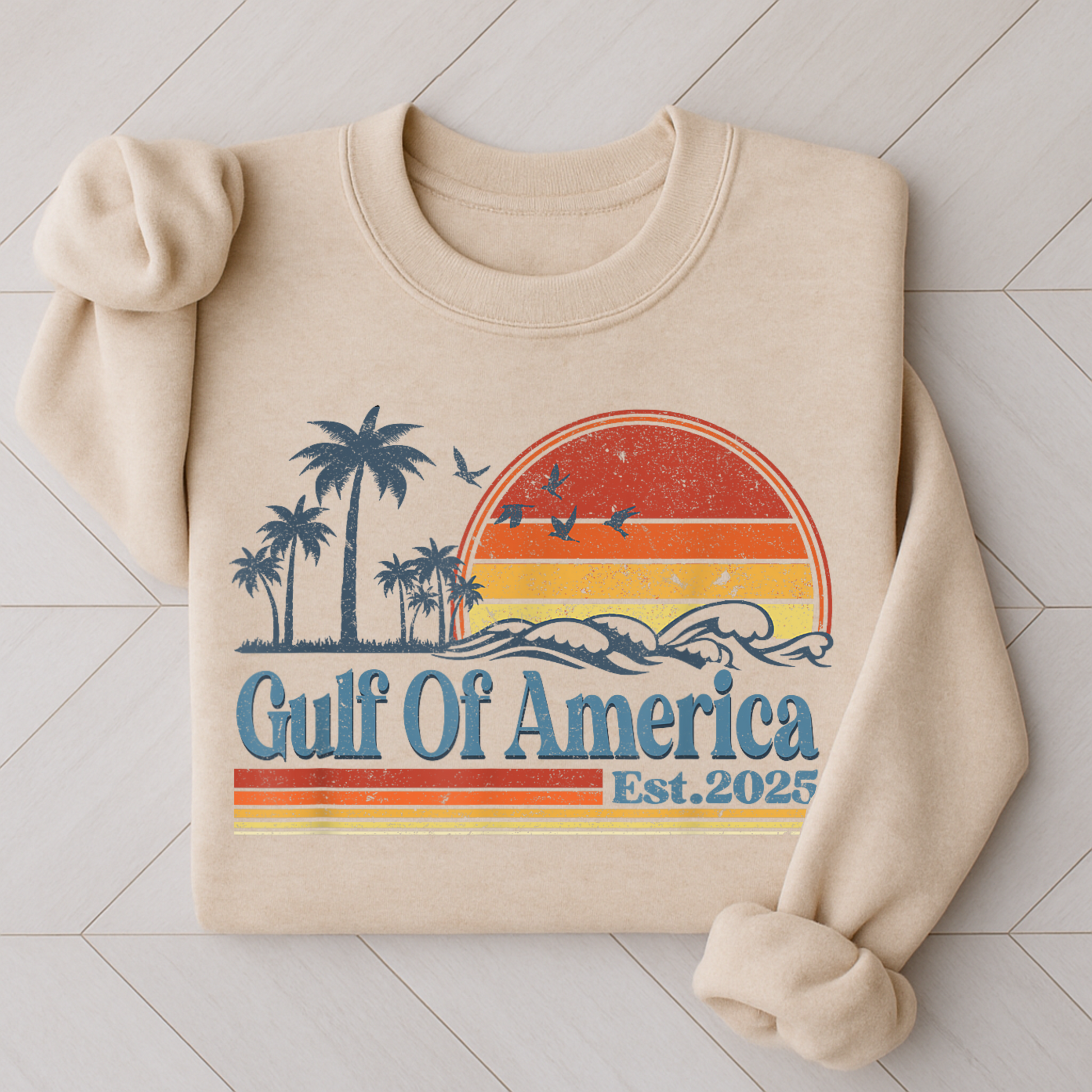 Sand crewneck sweatshirt with Gulf of America design, palm trees and waves

