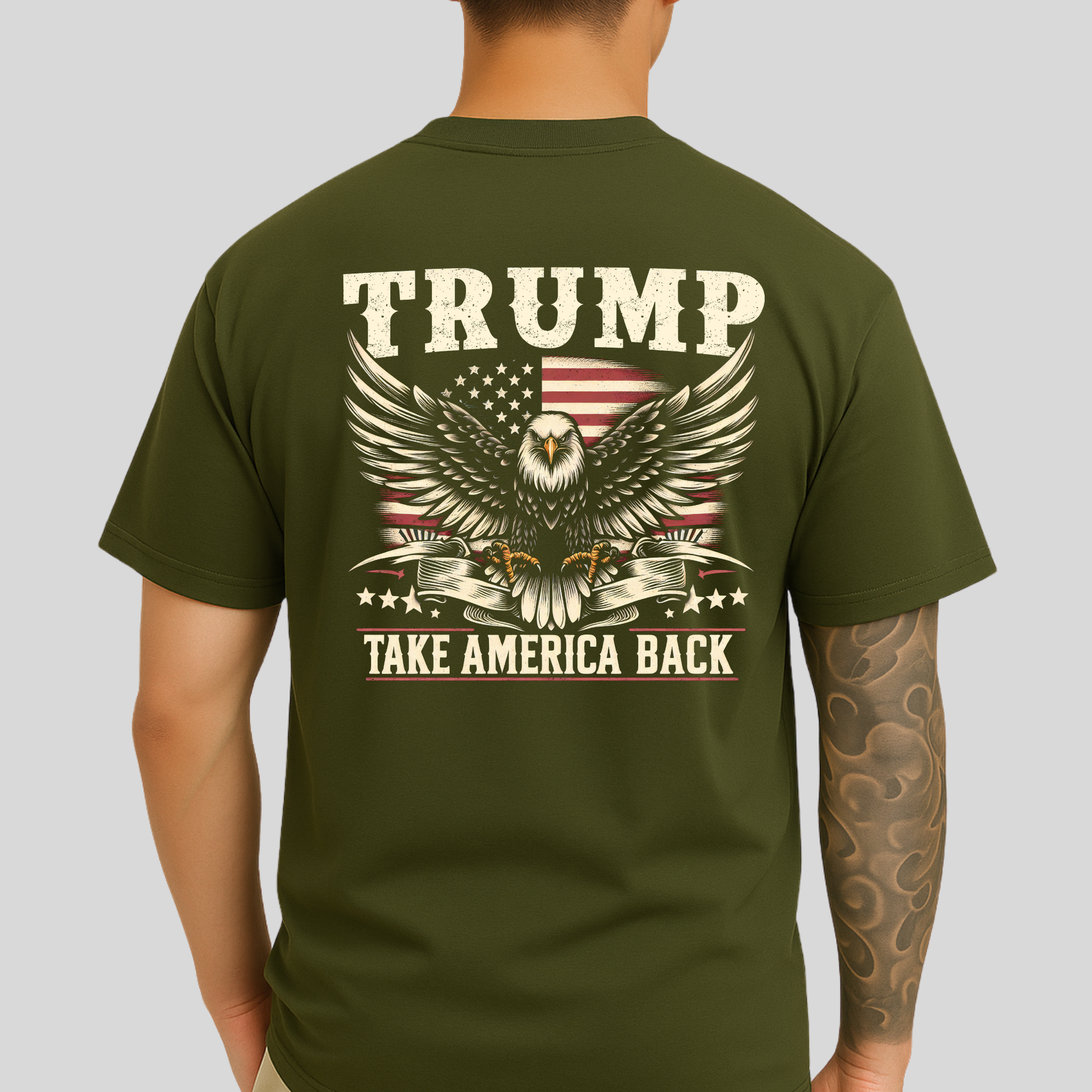 Back of military green Trump Take America Back shirt with bold eagle and flag graphic