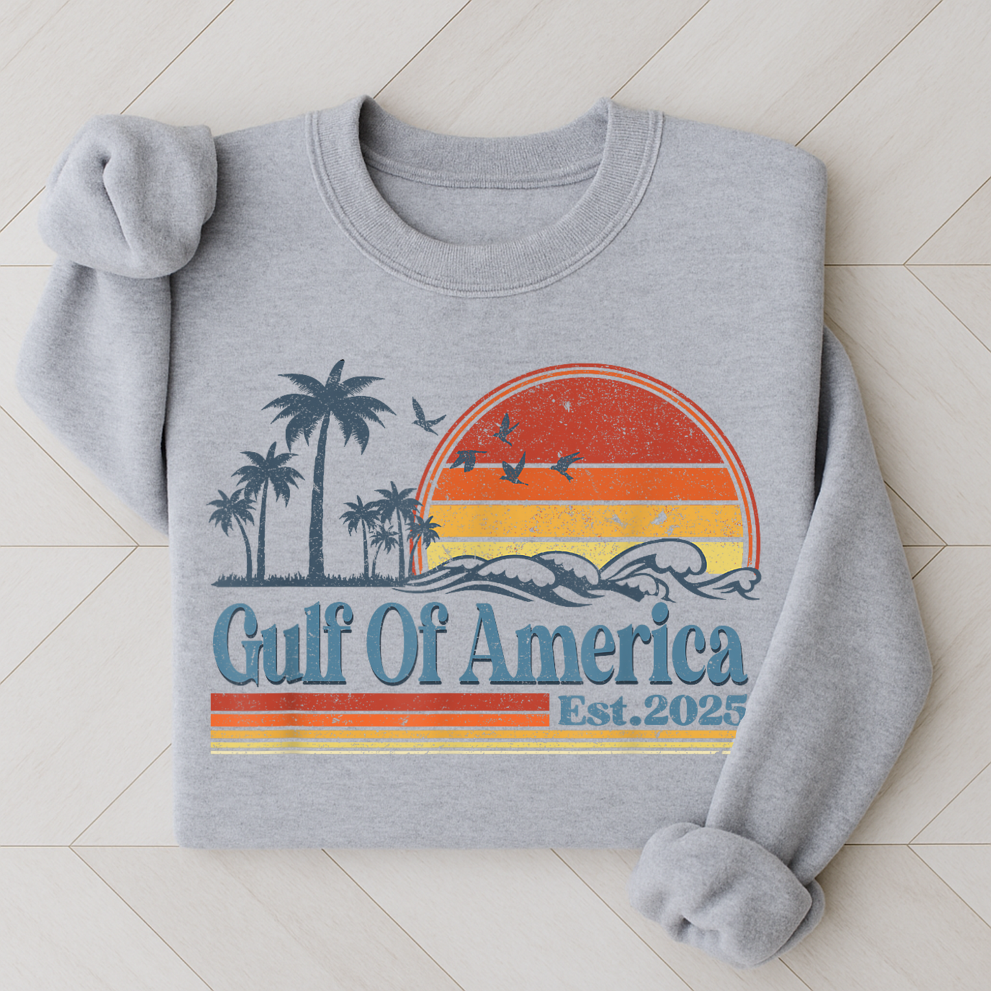 Gray crewneck sweatshirt with Gulf of America design, palm trees and waves

