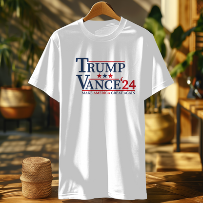 Support your favorite candidate with our Trump Vance 2024 T-shirt. Made with high-quality materials, this shirt features a bold design showcasing your passion for the upcoming election. Show your support and make a statement with this comfortable and stylish t-shirt. Wear it to rallies, events, or simply around town to show your unwavering dedication to the cause.