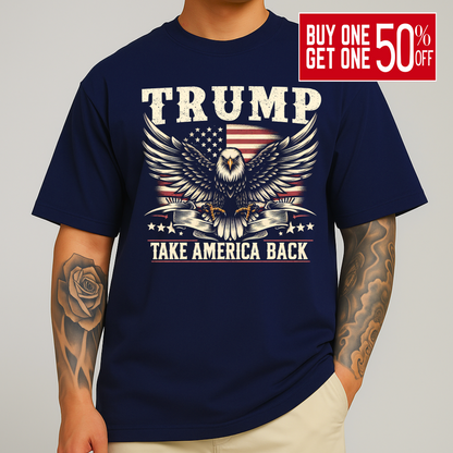 Mans Americana eagle design T-shirt in navy with vintage-style lettering